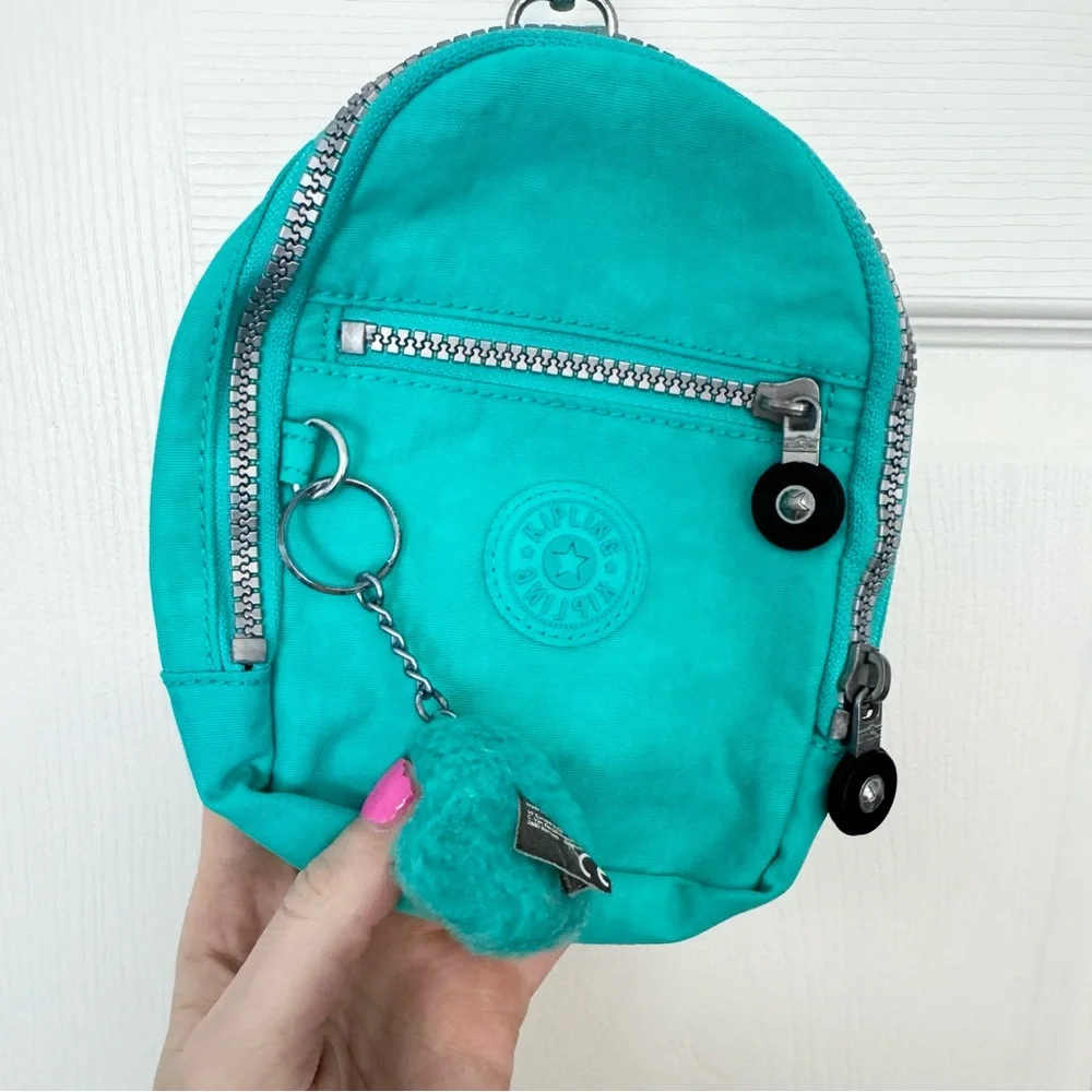 Kipling Turquoise Mini Backpack Keychain w/monkey - Picture 3 of 8